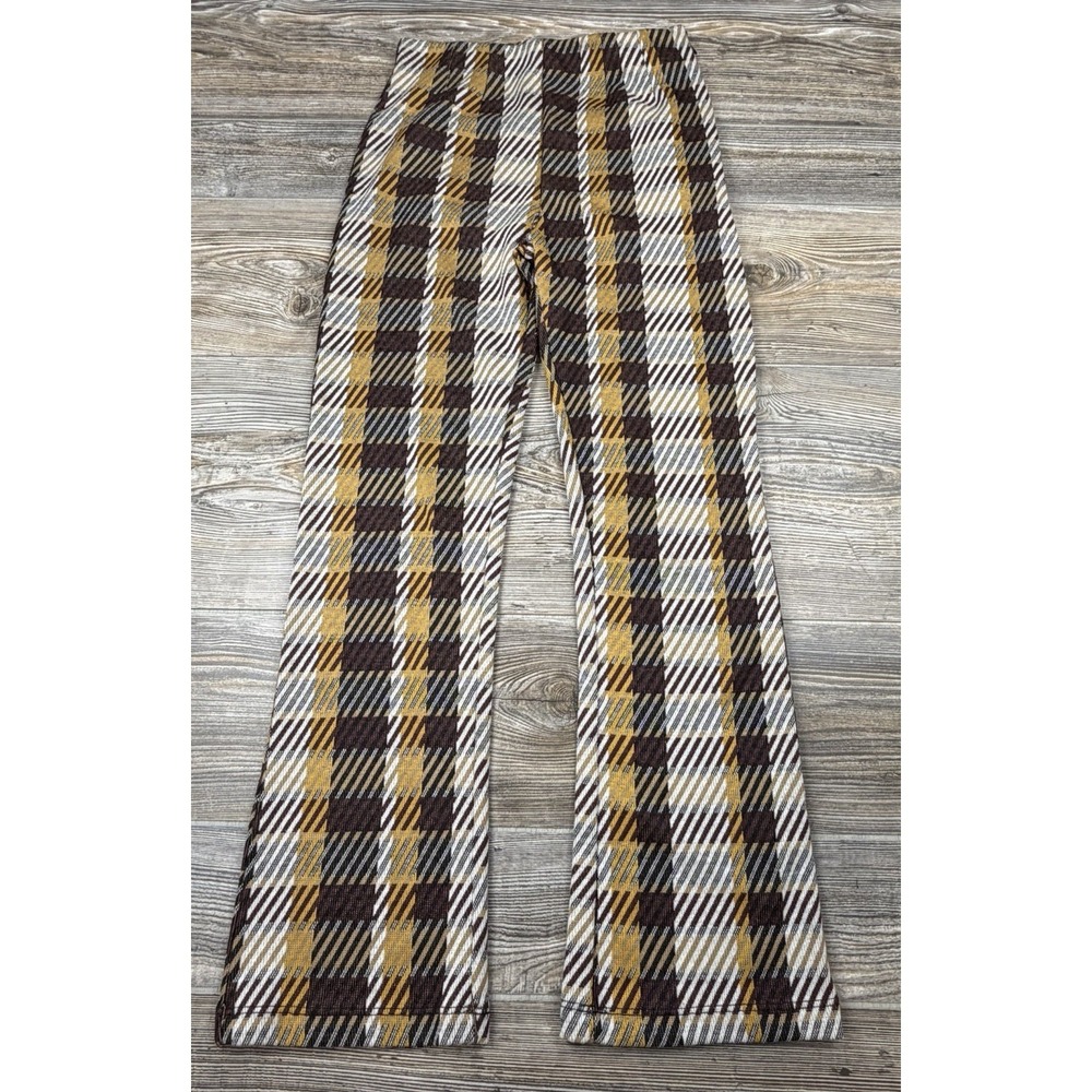 Free People Clean Crop Flare Pants 0 Brown Plaid High-Rise Stretch Hippie Retro‎